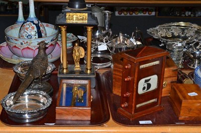 Lot 190 - Two trays including a desk calendar, pair of plated bottle coasters, reproduction cased...