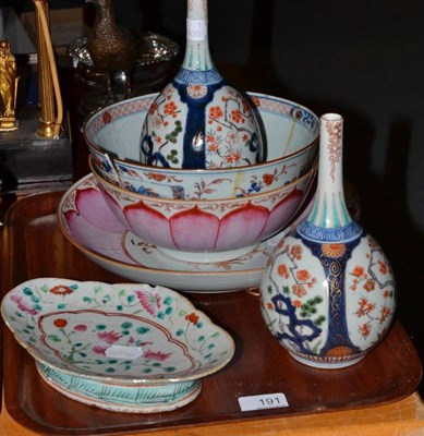 Lot 191 - Pair of Imari vases, Chinese Imari bowl, famille rose bowl, saucer dish and a Cantonese dish