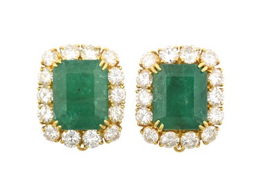 Lot 2241 - A Pair of Emerald and Diamond Cluster Earrings...