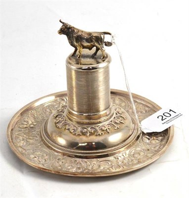 Lot 201 - Silver novelty match striker in the form of a cotton reel with bull finial, Birmingham 1897