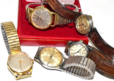 Lot 214 - A plated automatic wristwatch signed Omega, in Omega box, and four other gents wristwatches (5)