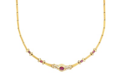 Lot 2202 - A Red Stone and Diamond Necklace, Bangle and...