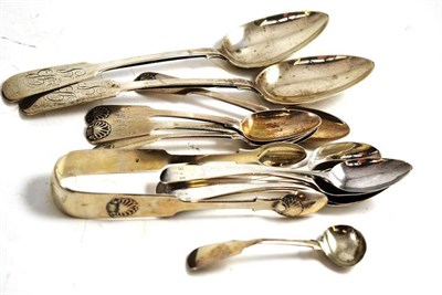 Lot 215 - Newcastle silver including a pair of fiddle pattern serving spoons, teaspoons, sugar tongs and...