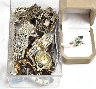 Lot 228 - A small quantity of paste and marcasite set jewellery and a pear cut two stone twist ring...