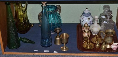 Lot 250 - Two decorated blue glass vases on decorative metal mounts, amber art glass vase, decanters and...