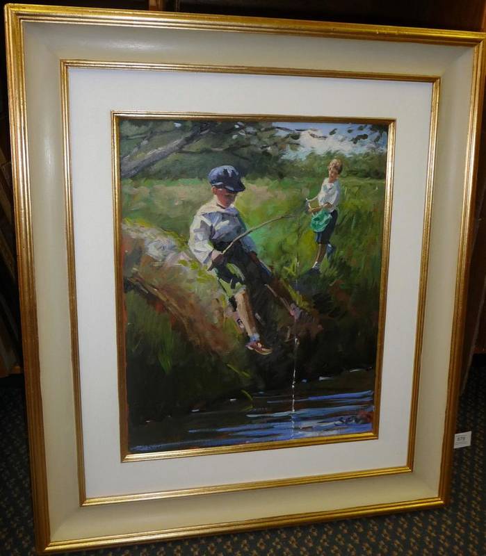 Lot 878 - Sherree Valentine Daines (b.1956) Two young boys fishing Signed, oil on board, 49cm by 39cm