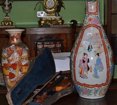 Lot 262 - Chinese large polychrome vase, Japanese vase and violin and bow in case