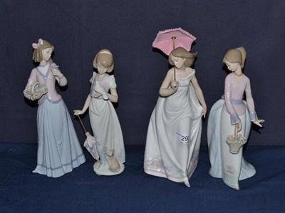 Lot 290 - Four Lladro figures; 'Summer Stroll' 7611, 'Basket of Love' 7622, 'Innocence in a Balloon'...