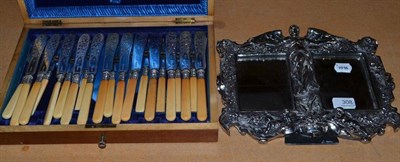 Lot 308 - Plated photo frame and a cased set of twelve fish knives and forks