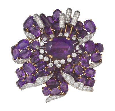 Lot 2112 - An Amethyst and Diamond Brooch, by Cartier of...