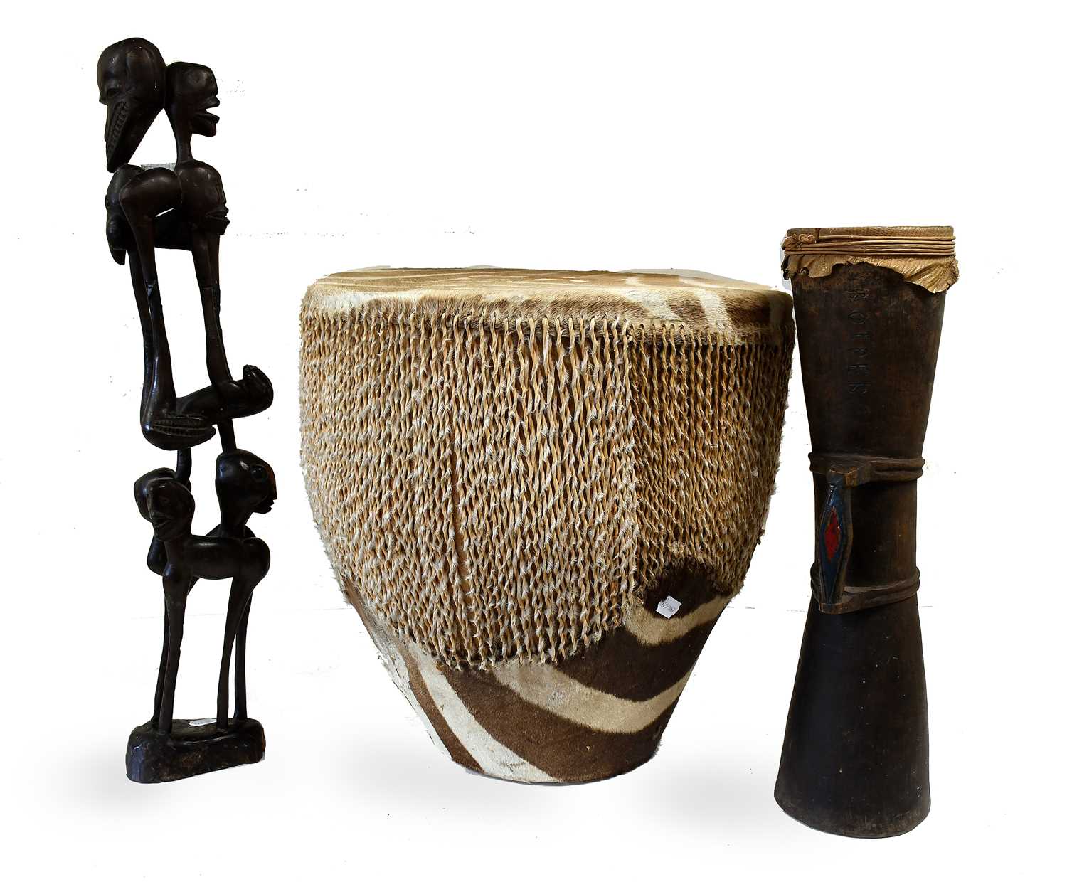 Lot 343 - An Africa Zebra Skin Covered Drum, with wood...