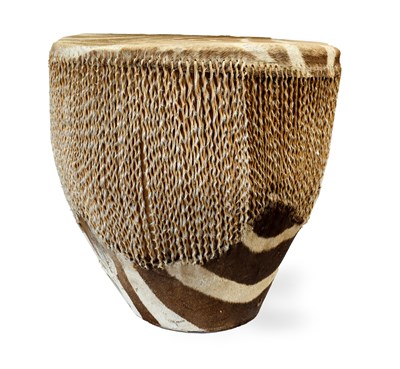 Lot 343 - An Africa Zebra Skin Covered Drum, with wood...