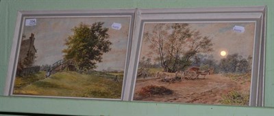 Lot 334 - P J Lees, Gathering Straw, Ducks on a Pond and Figures by a Bridge, three signed watercolours (3)