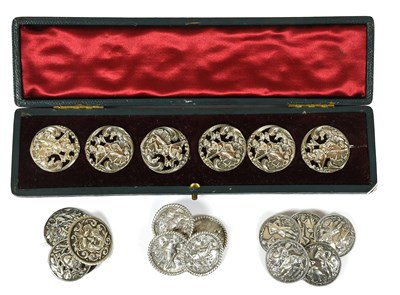 Lot 2143 - Set of Six Silver Circular Buttons depicting...