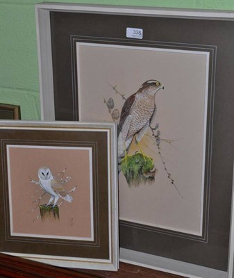 Lot 338 - K.J.Wood: (Society of Wildlife artists) 'Barn Owl' and 'Female Sparrow Hawk First Year...