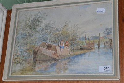 Lot 347 - P J Lees, Two Figures Fishing on a Barge, signed and dated 1880, watercolour