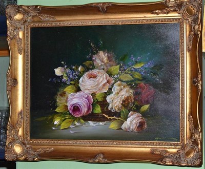 Lot 351 - English School (20th Century) Still Life of Roses, signed, oil on panel, 29cm by 39cm