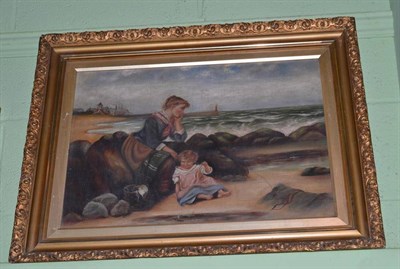 Lot 356 - English School (19th century) Fisherman's wife Knitting with her Child on the Beach, oil on canvas