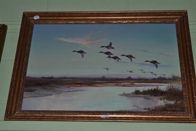 Lot 358 - Wilfred Bailey ducks in flight, signed, oil on canvas