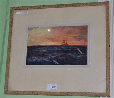 Lot 382 - Walter Thomas (1894-1971) Ship at Sea at Sunset, signed, watercolour and bodycolour, 15cm by 23cm