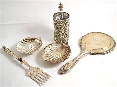 Lot 384 - Two silver shell butter dishes, plated fish fork and silver dressing table hand mirror