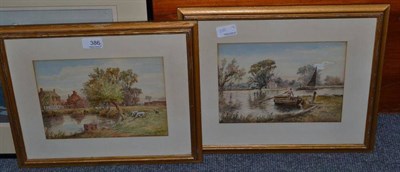 Lot 386 - Arthur Verey, Sheep grazing beside a pond and a figure in a rowing boat, both signed,...