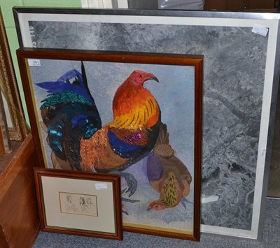 Lot 391 - Joan Farley (20th/21st century) A Cockerel and Two Hens, mixed media, a print by Sir William...