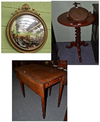 Lot 413 - A 19th century mahogany Pembroke table, tripod table on barley twist stem, circular mirror and wall