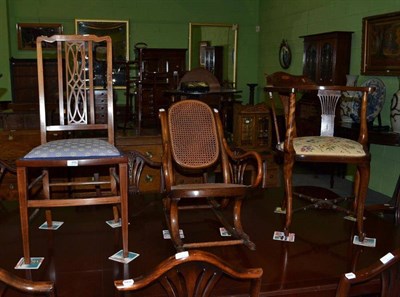 Lot 456 - An Edwardian mahogany corner chair, a child's bergere bentwood rocking back chair and a bedroom...