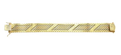 Lot 418 - A 9 Carat Tri-Colour Gold Brick Link Bracelet,...