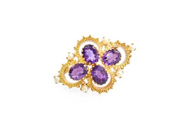 Lot 432 - A 9 Carat Gold Amethyst and Split Pearl Brooch,...