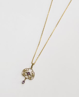 Lot 395 - An Amethyst and Split Pearl Pendant on Chain,...