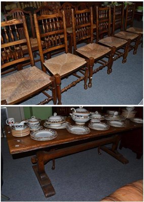 Lot 474 - Refectory table and set of six spindle back rush seated chairs