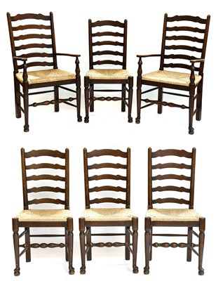 Lot 1278 - A Set of Six Oak Ladder Back Dining Chairs,...