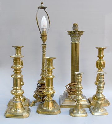 Lot 322 - Three Pairs of Victorian Brass Candlesticks, a...