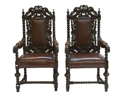 Lot 1300 - A Pair of Victorian Carved Oak Part Leather...