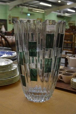 Lot 207A - A Val Saint Lambert clear cut glass vase, the facet cut body with green rectangular reserves,...