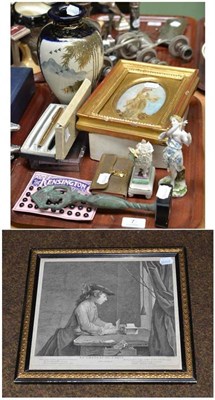 Lot 7 - Satsuma vase, boot buttons on card, pens, cigarette cards, silk picture of a young lady, engraving