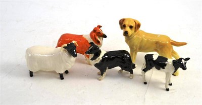 Lot 16 - Beswick collie, ram and calf, pottery labrador and a sheep dog