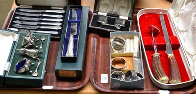 Lot 19 - A cased set of six silver handled tea knives, five silver napkin rings, a silver handled cake...