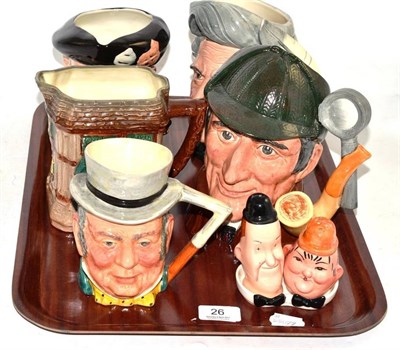 Lot 26 - Three Royal Doulton character jugs, a Beswick character jug, Beswick Laurel and Hardy salt and...