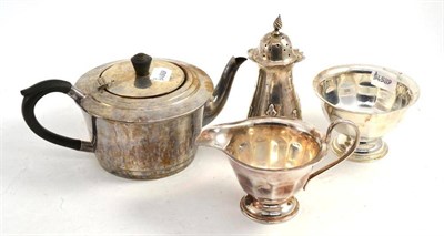 Lot 29 - Silver sugar sifter, plated tea pot and a plated milk jug and sugar bowl