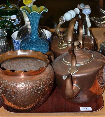 Lot 31 - A Linthorpe pottery vase, Mouseman ashtray, two copper kettles, warming pan etc