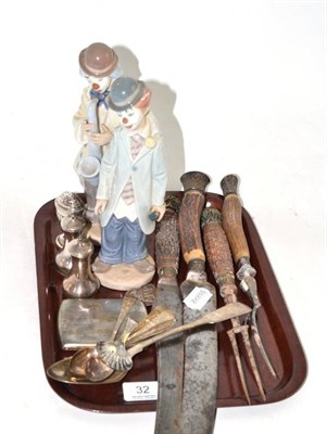Lot 32 - Two Lladro figures, silver flatware, carving set, cigarette case, etc