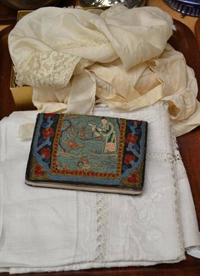 Lot 35 - A small quantity of boxed lace, a silk apron, a Chinese table cover and a Chinese purse
