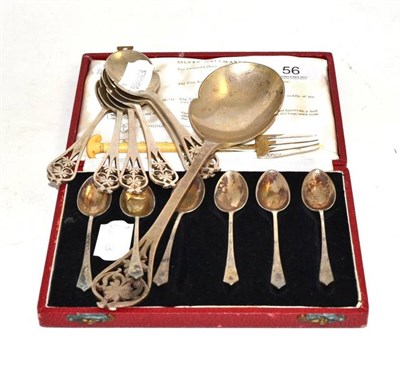 Lot 56 - Cased set of six silver teaspoons, silver dessert set comprising serving spoon and six spoons...