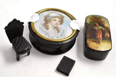 Lot 57 - Miniature of a young lady, Whitby Jet chair, Whitby jet book and a papier mache snuff box