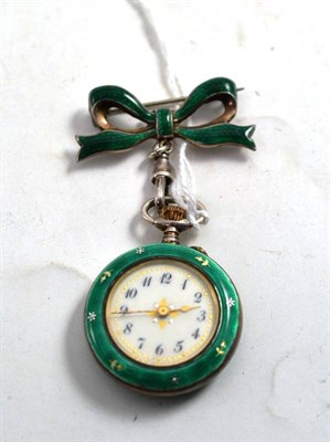 Lot 63 - A lady's enamel fob watch and attached enamel bow