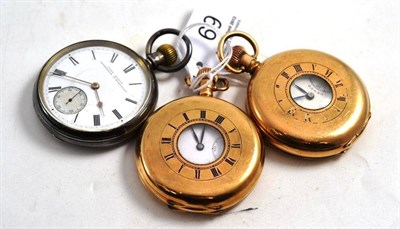 Lot 69 - A silver cased pocket watch and two gold plated half hunter pocket watches