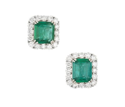 Lot 2061 - A Pair of Emerald and Diamond Cluster Earrings...